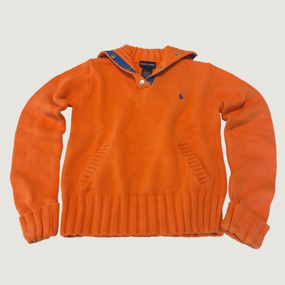 Ralph Lauren Sweater Orange Snap Neck Knit Pony Logo M Youth Preppy Cotton